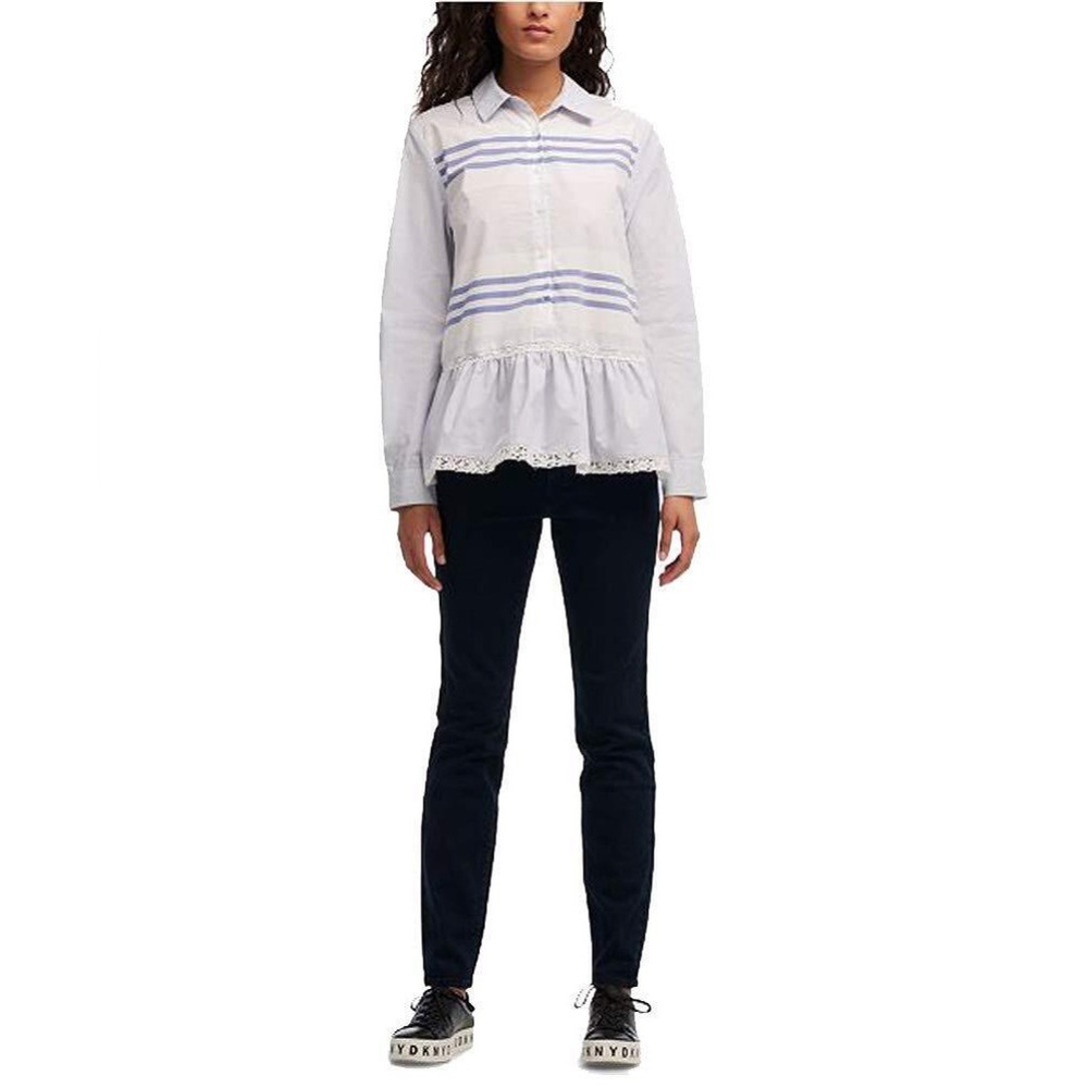 DKNY Peplum Top Ruffle Hem Blue & White Striped Half Button Long Sleeve